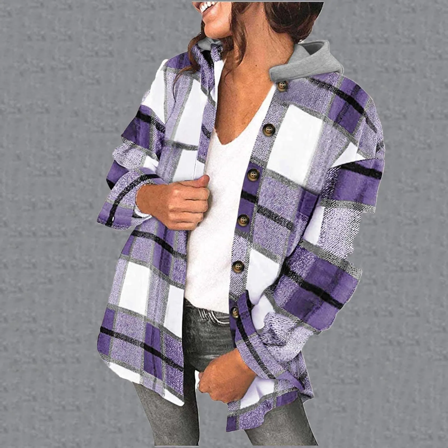 Womens Long Sleeve Button Down Plaid Shirts Casual Fall Fashion 2023 Flannel Shacket Hooded Jacket Hoodie Coats