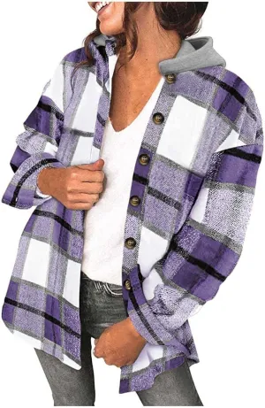 Womens Long Sleeve Button Down Plaid Shirts Casual Fall Fashion 2023 Flannel Shacket Hooded Jacket Hoodie Coats