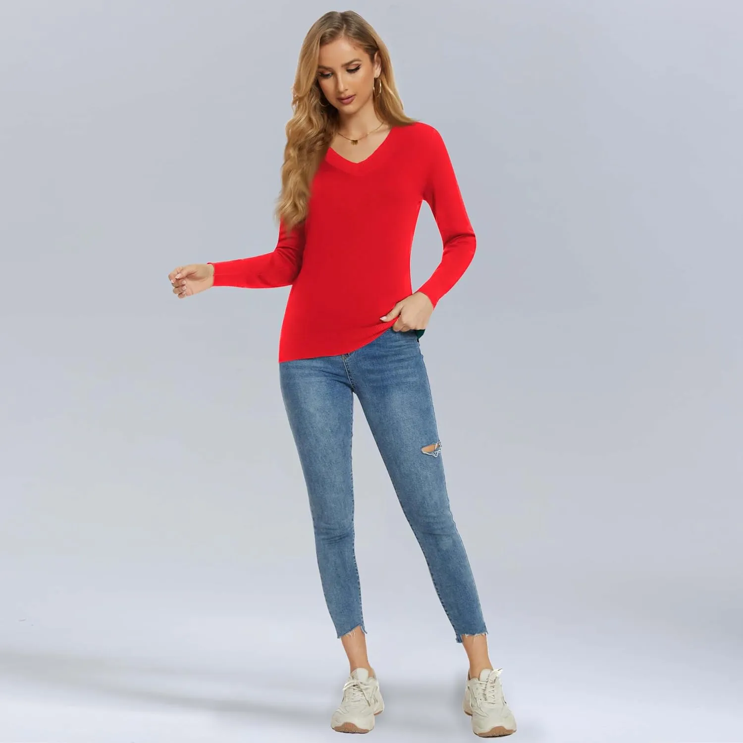 Women's Long-Sleeve Pullover Lightweight Soft V-Neck Casual Sweater Top