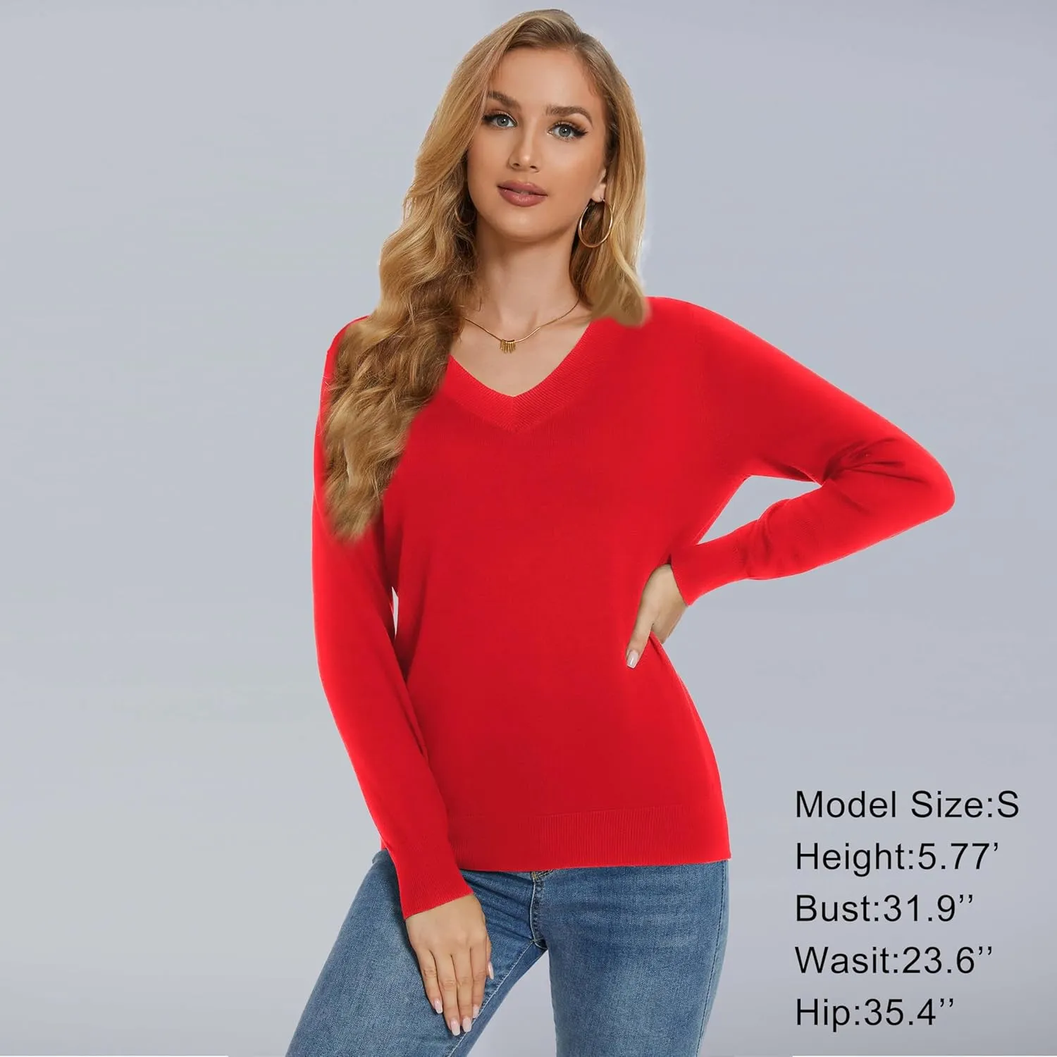 Women's Long-Sleeve Pullover Lightweight Soft V-Neck Casual Sweater Top