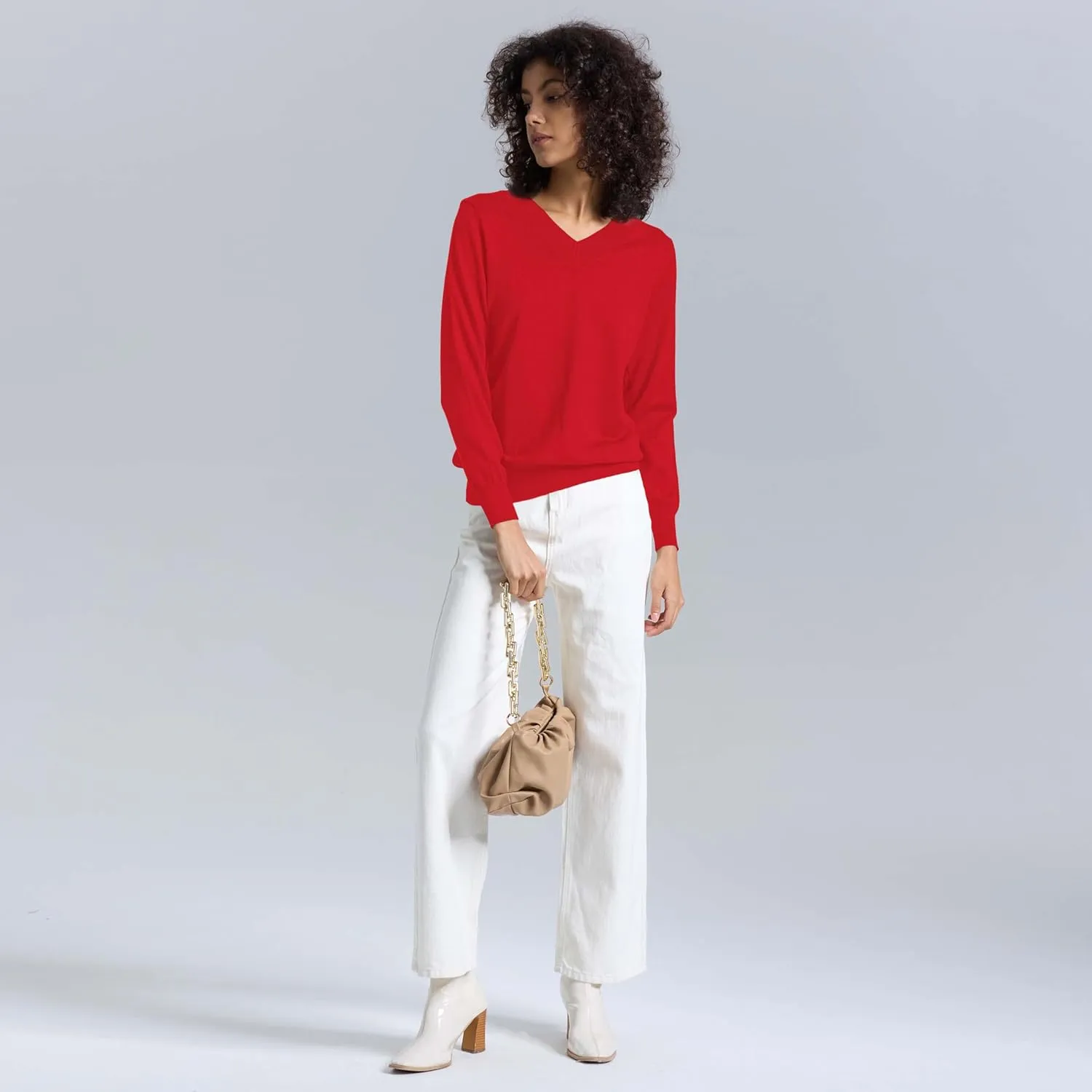 Women's Long-Sleeve Pullover Lightweight Soft V-Neck Casual Sweater Top