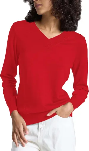 Women's Long-Sleeve Pullover Lightweight Soft V-Neck Casual Sweater Top
