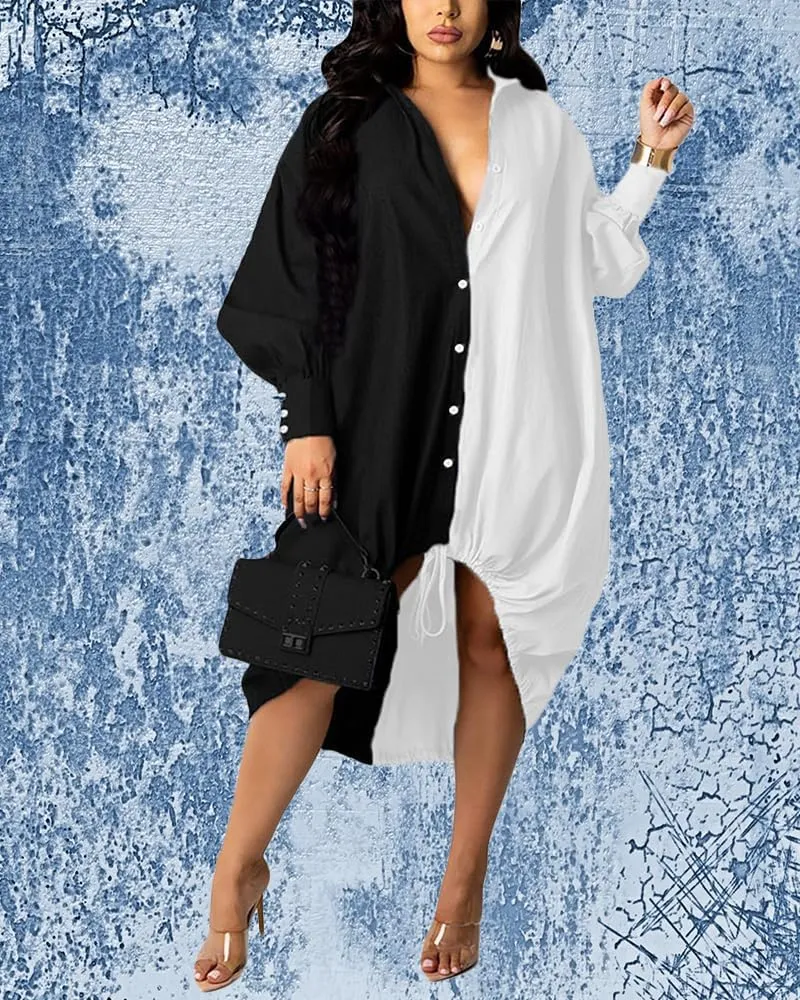 Womens Plus Size Lantern Dresses Button Down Long Sleeve Floral Drawstring Hem Midi Dress Casual