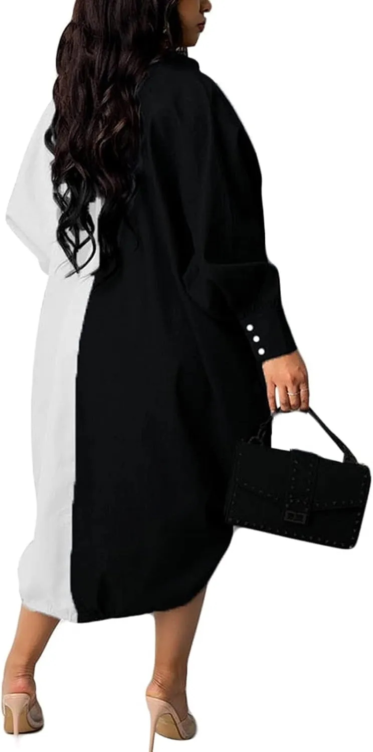 Womens Plus Size Lantern Dresses Button Down Long Sleeve Floral Drawstring Hem Midi Dress Casual