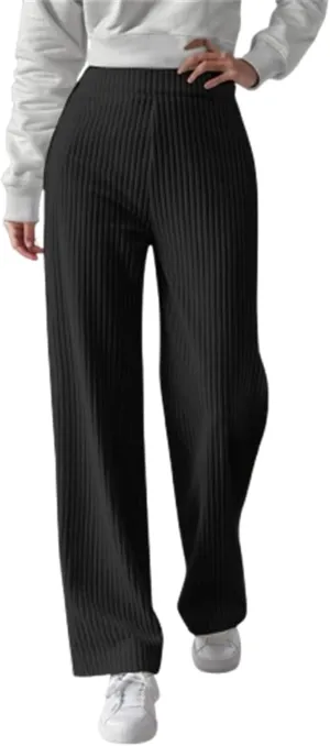 Women's Ribbed Knit Pants Casual Elastic High Waist Wide Leg Lined Long Comfort Loose Trousers with Pockets