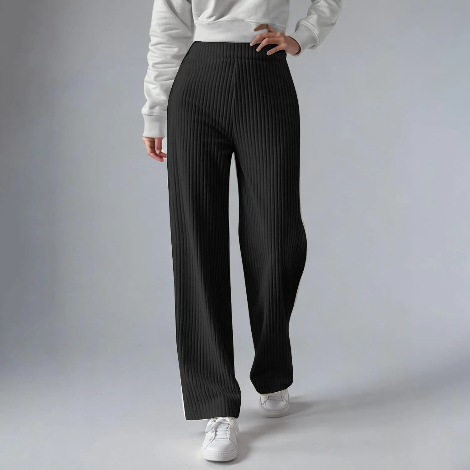 Women's Ribbed Knit Pants Casual Elastic High Waist Wide Leg Lined Long Comfort Loose Trousers with Pockets