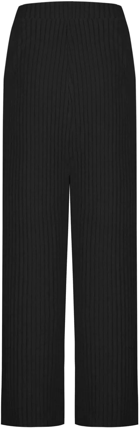 Women's Ribbed Knit Pants Casual Elastic High Waist Wide Leg Lined Long Comfort Loose Trousers with Pockets