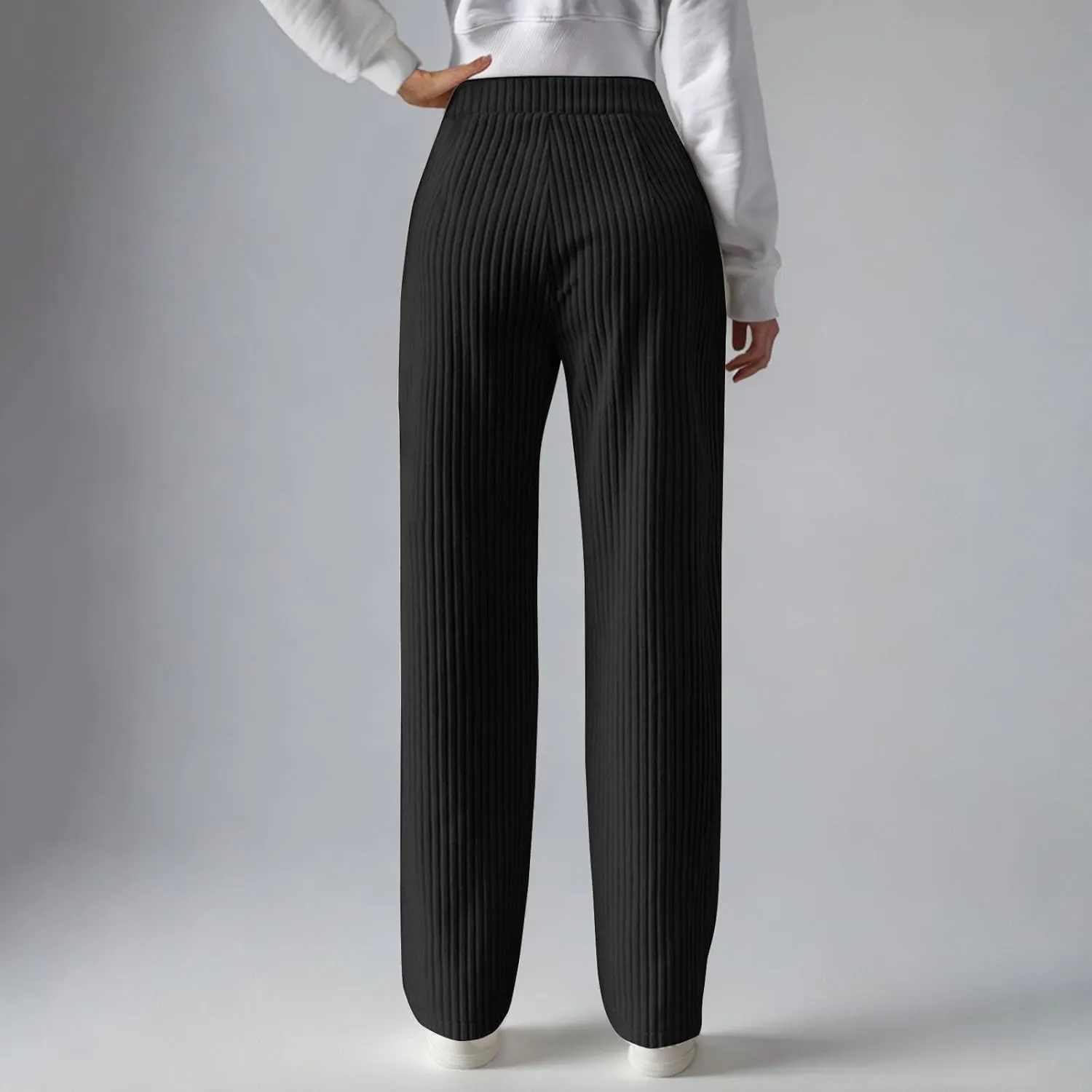 Women's Ribbed Knit Pants Casual Elastic High Waist Wide Leg Lined Long Comfort Loose Trousers with Pockets