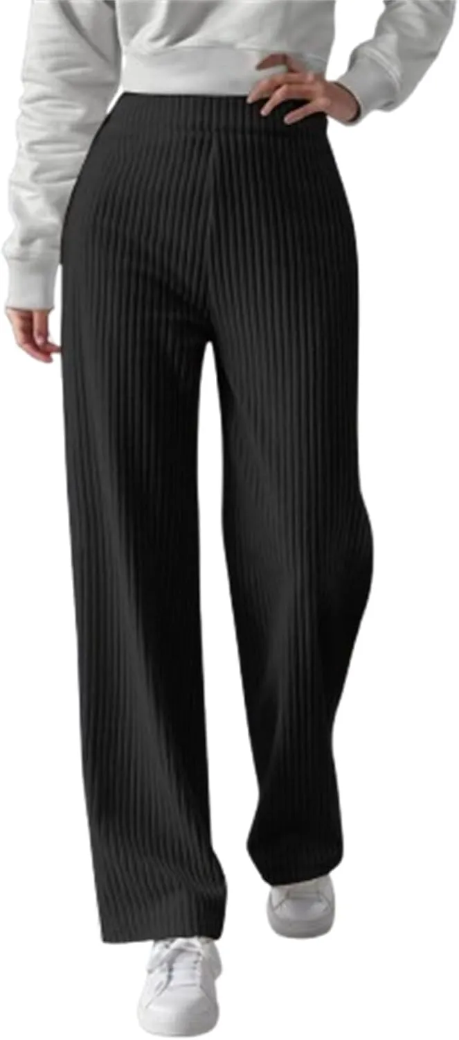 Women's Ribbed Knit Pants Casual Elastic High Waist Wide Leg Lined Long Comfort Loose Trousers with Pockets