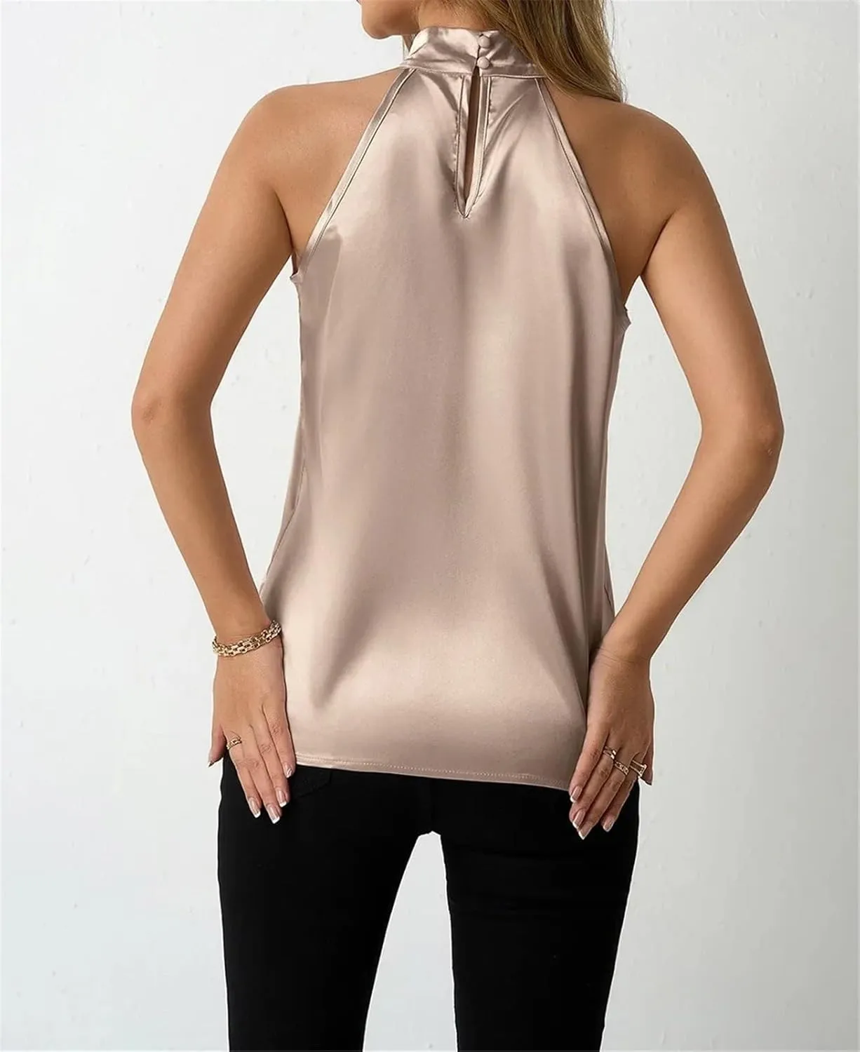 Women's Satin Halter Tank Spring Summer Casual Camisole Sleeveless Button Top
