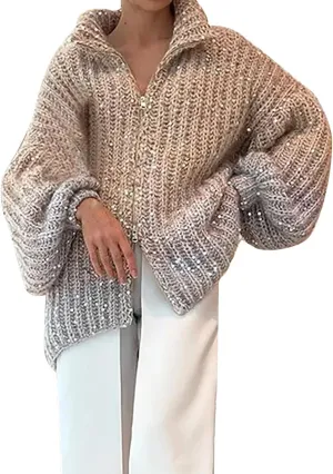 Womens Sequin Sweater Cardigan Zip Up Casual Sparkly Pullover Oversized V Neck Collared Knitted Jacket Coat Outerwear