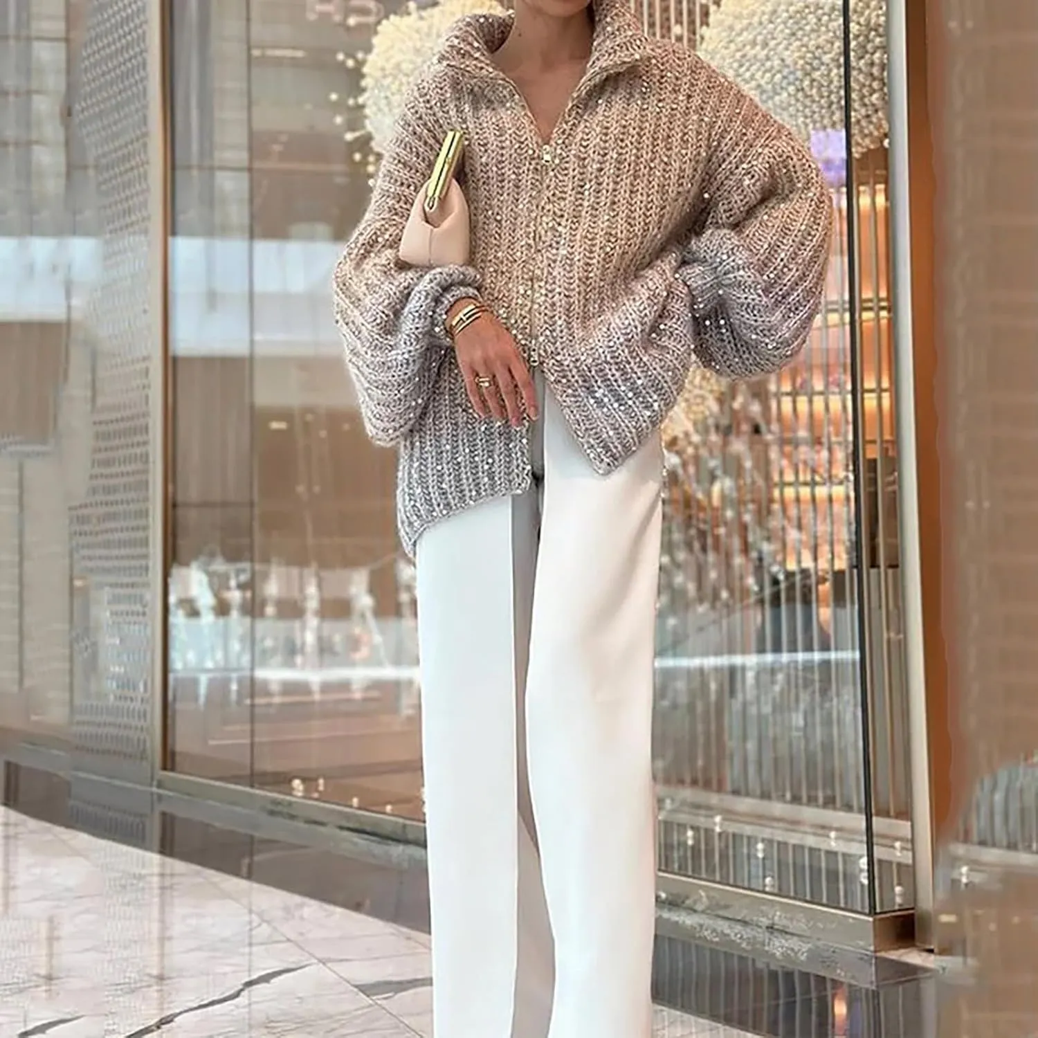 Womens Sequin Sweater Cardigan Zip Up Casual Sparkly Pullover Oversized V Neck Collared Knitted Jacket Coat Outerwear
