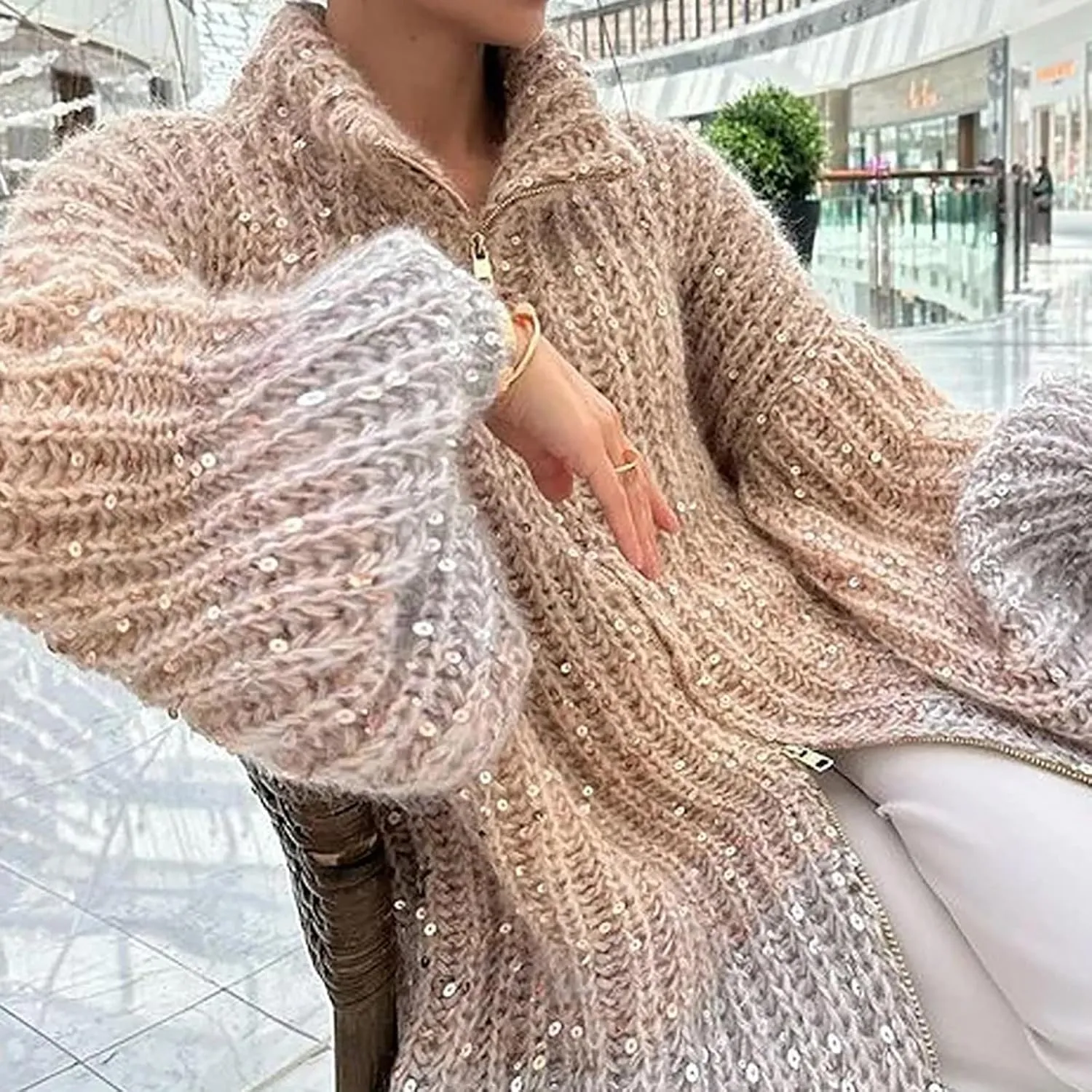 Womens Sequin Sweater Cardigan Zip Up Casual Sparkly Pullover Oversized V Neck Collared Knitted Jacket Coat Outerwear
