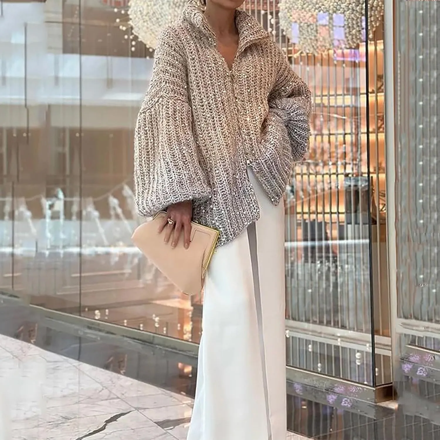 Womens Sequin Sweater Cardigan Zip Up Casual Sparkly Pullover Oversized V Neck Collared Knitted Jacket Coat Outerwear