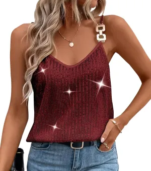Womens Sequin Top V Neck Strappy Sparkle Camisole Glitter Sleeveless Tanks Tops