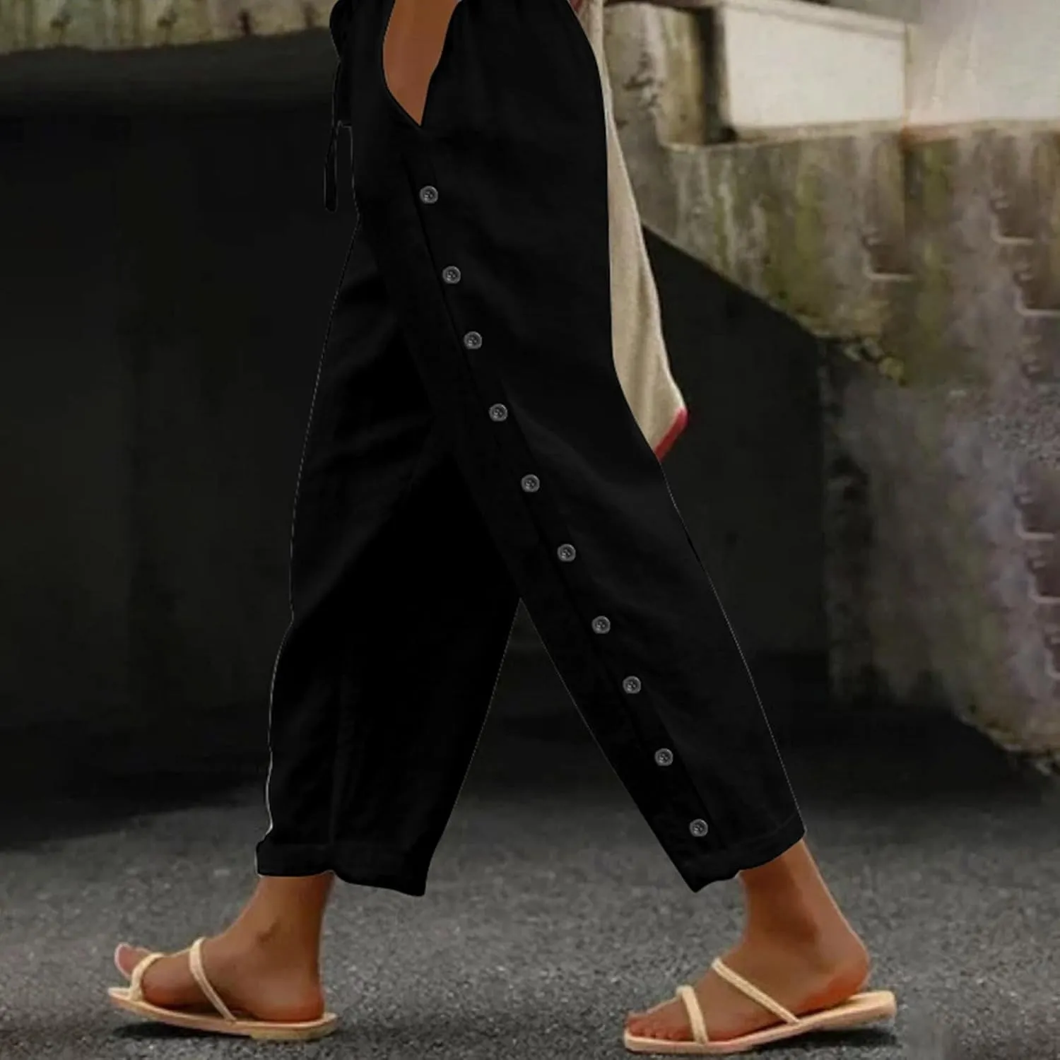 Womens Side Button Linen Pants for Summer Trendy Elastic Waist Straight Leg Loose Casual Cropped Trousers with Pocket