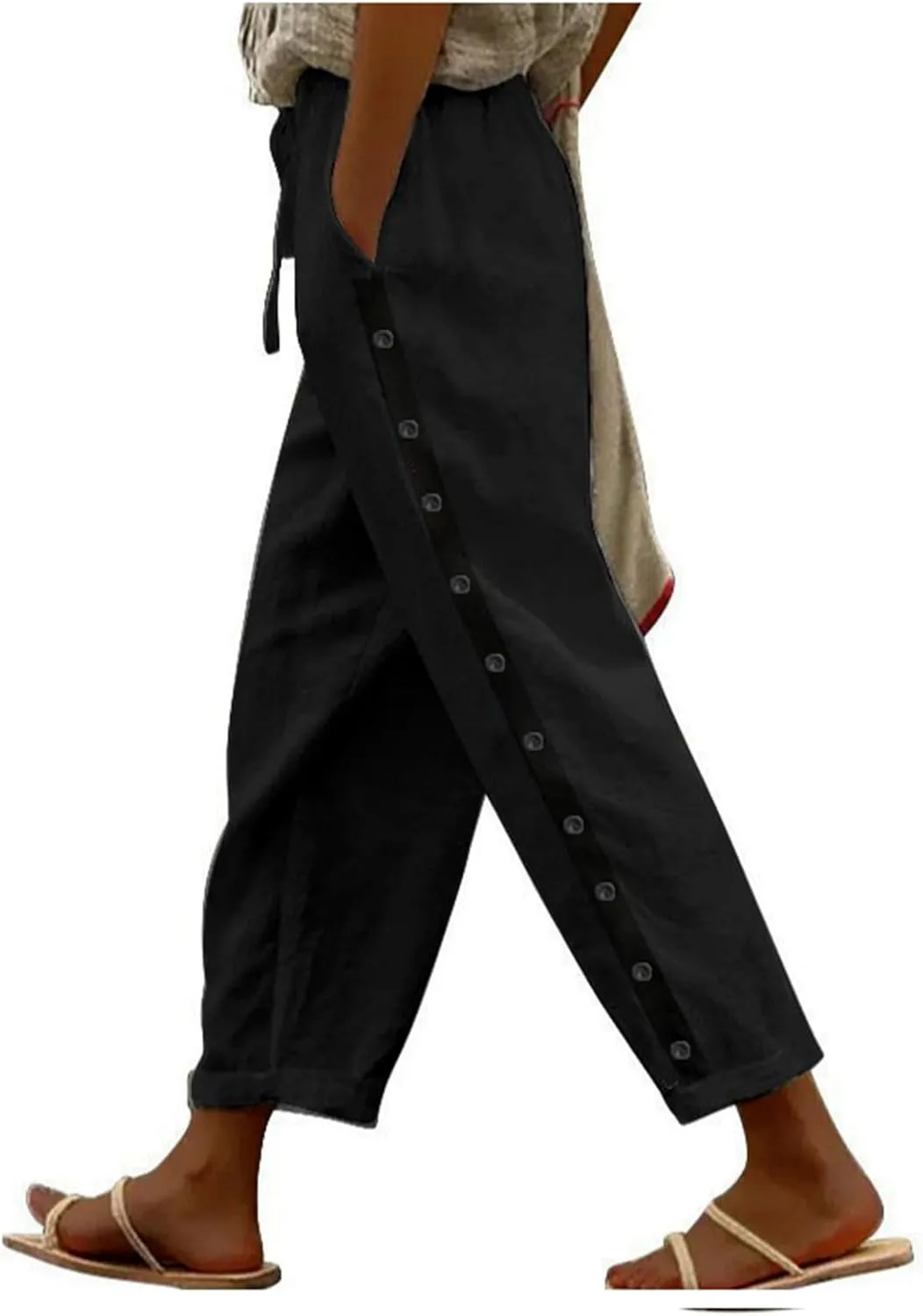 Womens Side Button Linen Pants for Summer Trendy Elastic Waist Straight Leg Loose Casual Cropped Trousers with Pocket