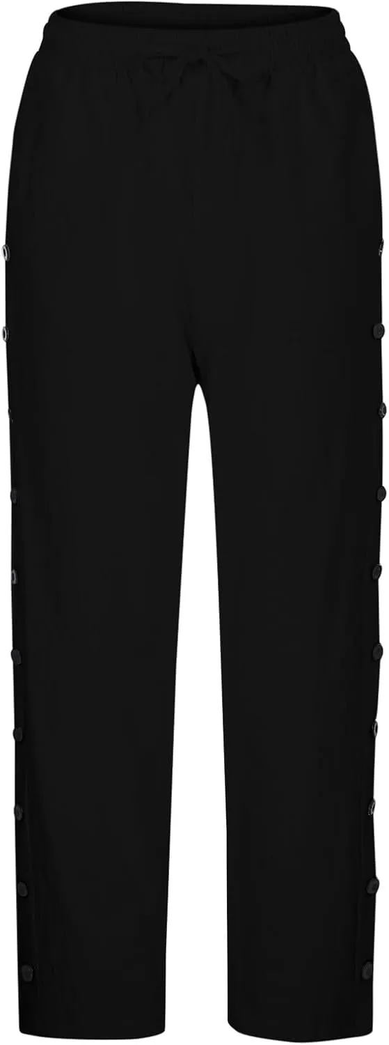 Womens Side Button Linen Pants for Summer Trendy Elastic Waist Straight Leg Loose Casual Cropped Trousers with Pocket