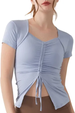 Women's Slim-Fit Yoga T-Shirt Quick-Dry Running Top,Breathable Gym Shirt with Drawstring Hem and Split Sides