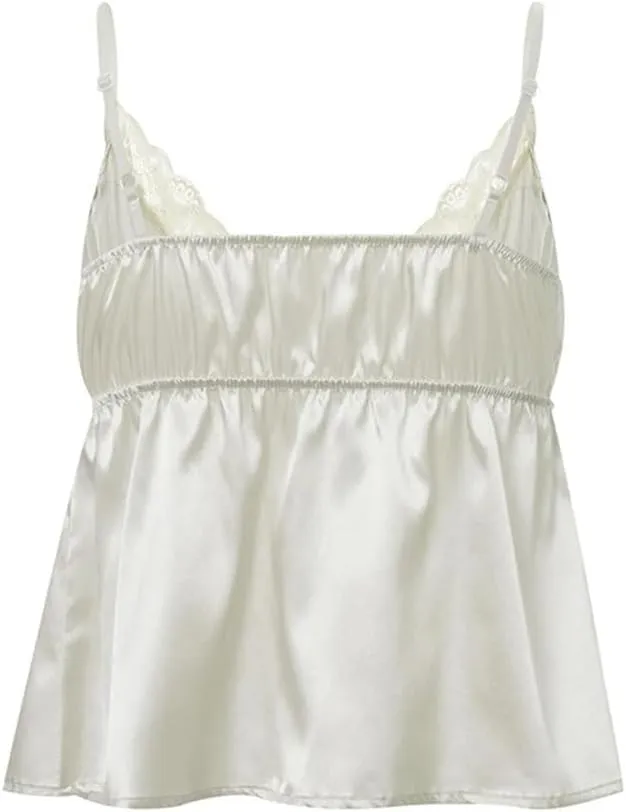 Women's Solid Color Casual V-Neck Lace Hollow Satin Home Camisole Top