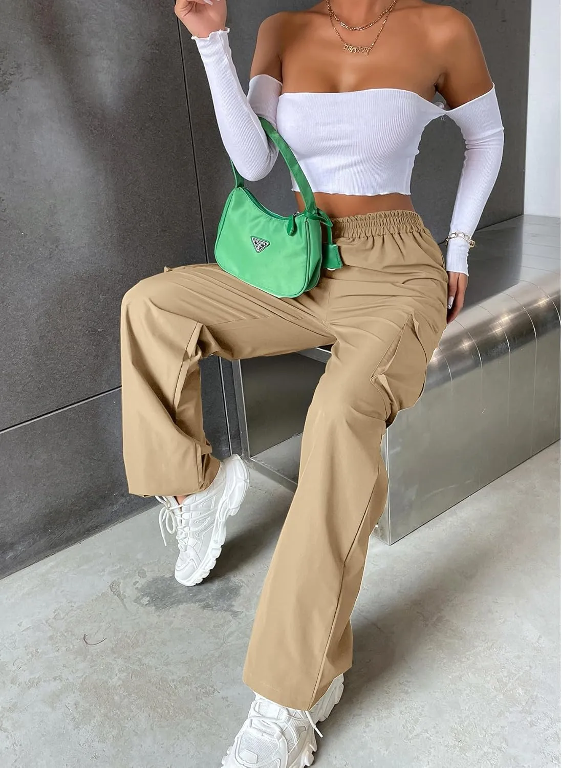 Women's Solid High Waist Flap Pocket Cargo Pants Combat Military Trousers