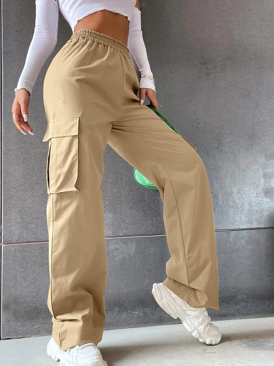 Women's Solid High Waist Flap Pocket Cargo Pants Combat Military Trousers