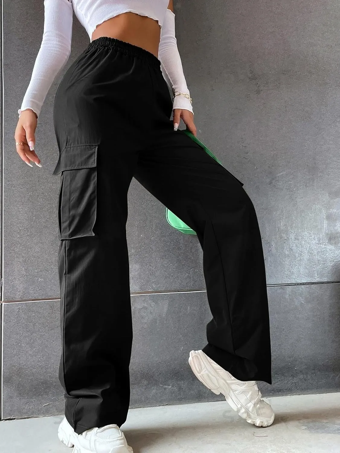 Women's Solid High Waist Flap Pocket Cargo Pants Combat Military Trousers