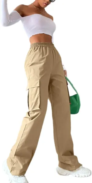Women's Solid High Waist Flap Pocket Cargo Pants Combat Military Trousers