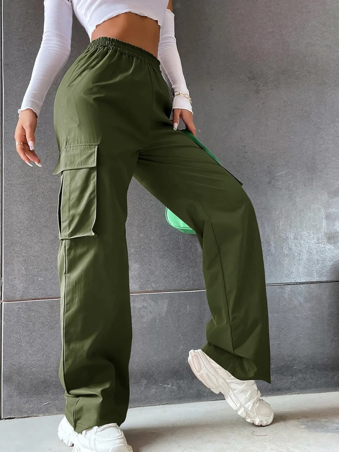 Women's Solid High Waist Flap Pocket Cargo Pants Combat Military Trousers