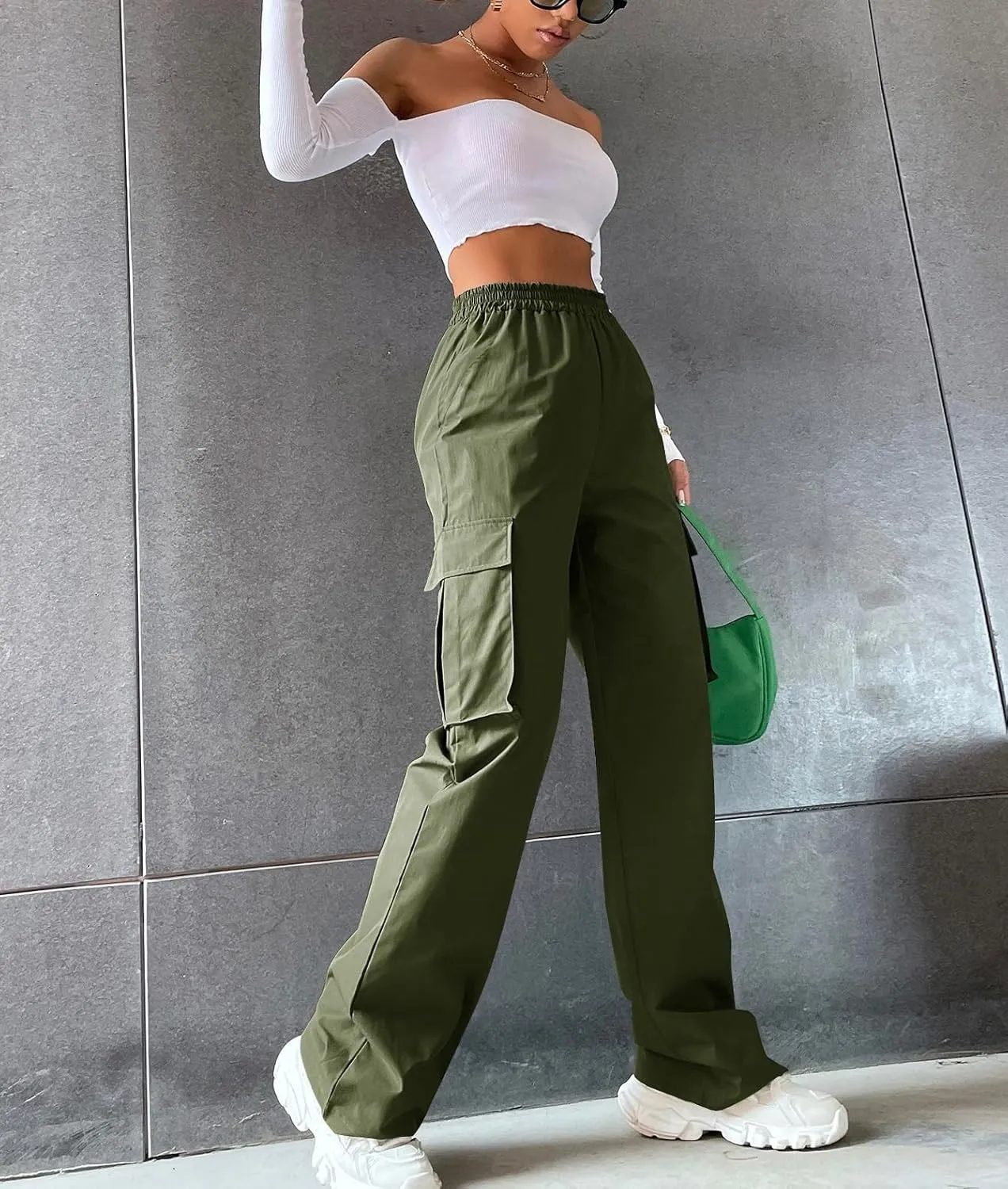 Women's Solid High Waist Flap Pocket Cargo Pants Combat Military Trousers