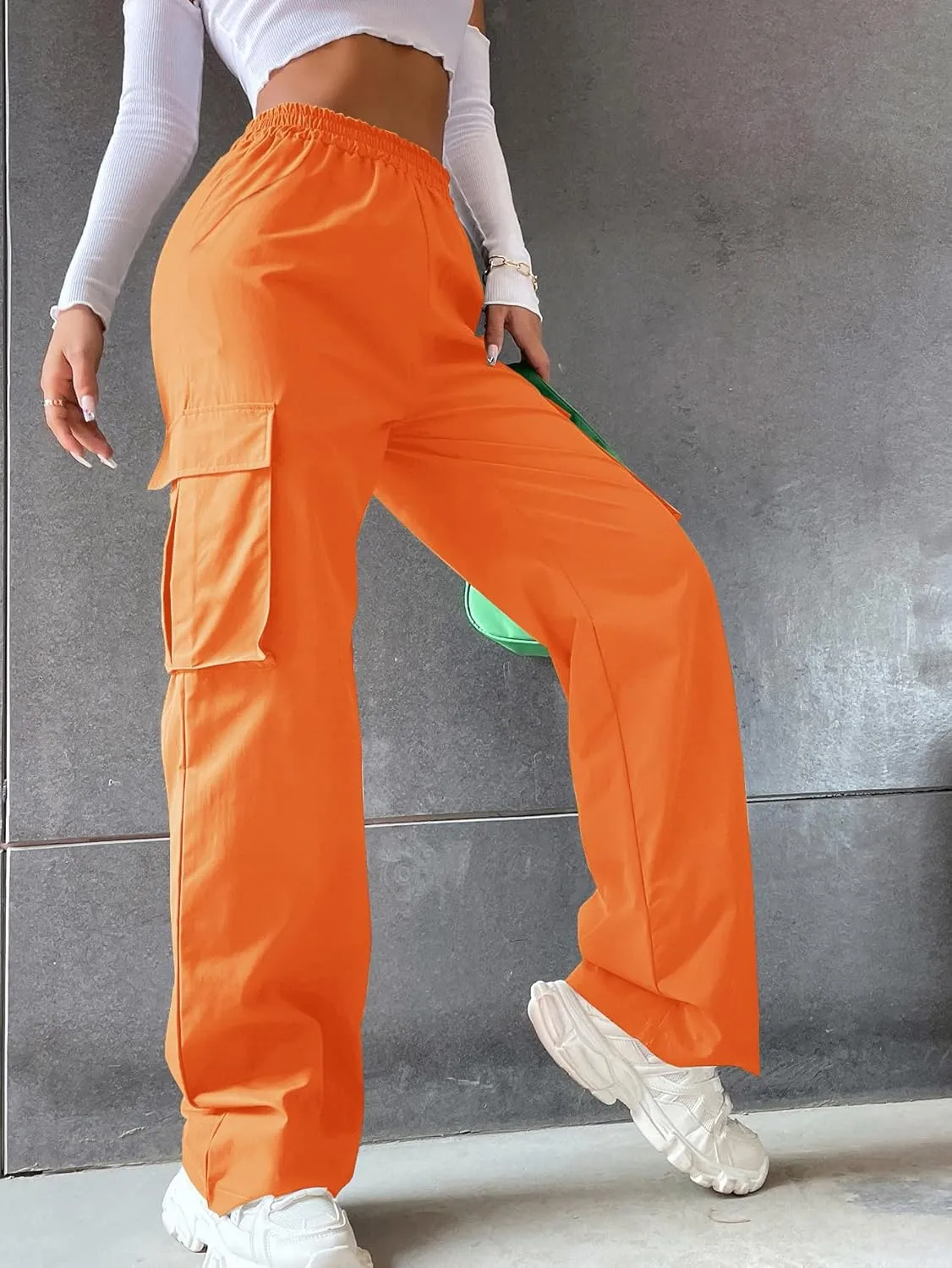 Women's Solid High Waist Flap Pocket Cargo Pants Combat Military Trousers