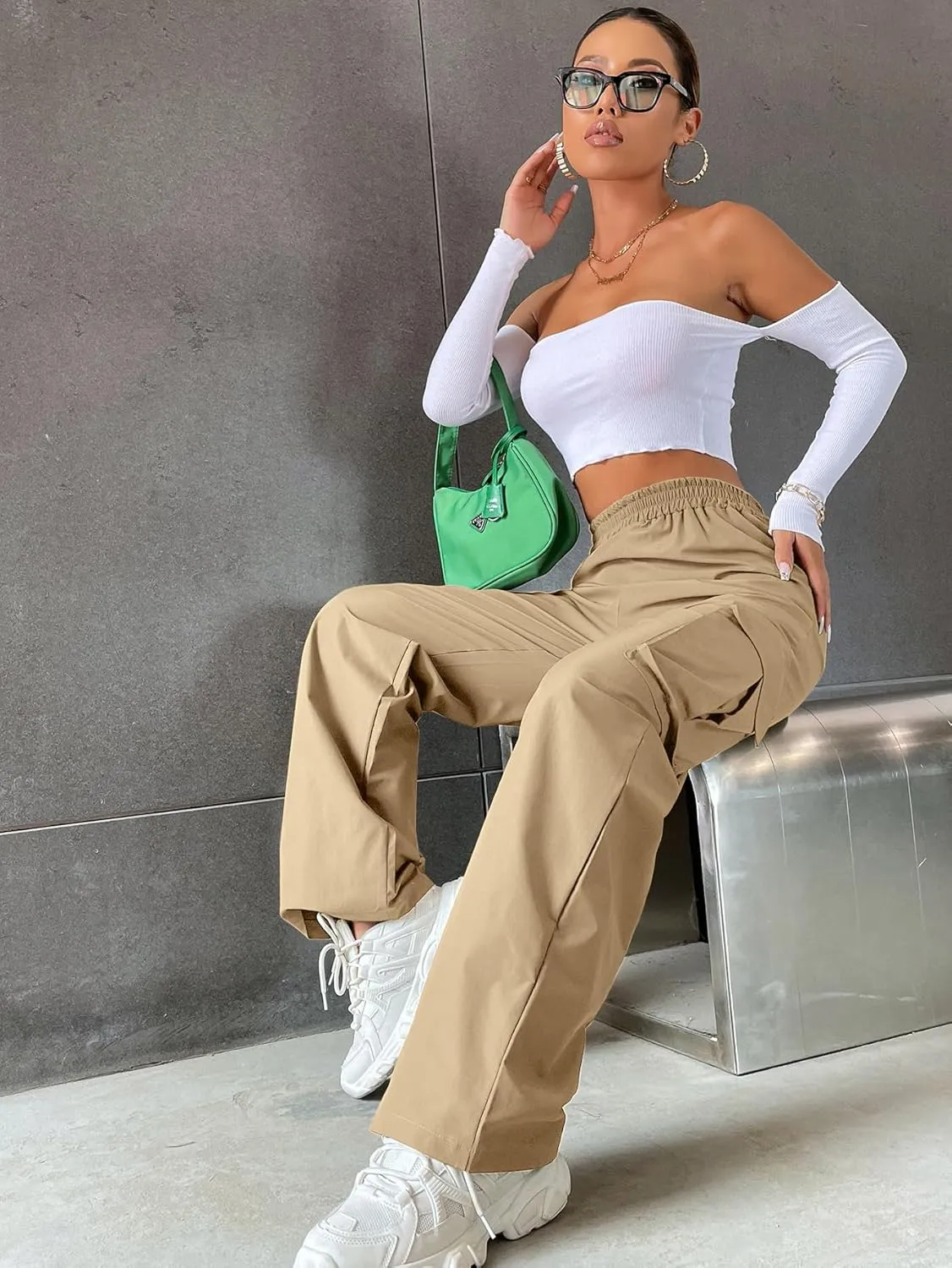 Women's Solid High Waist Flap Pocket Cargo Pants Combat Military Trousers