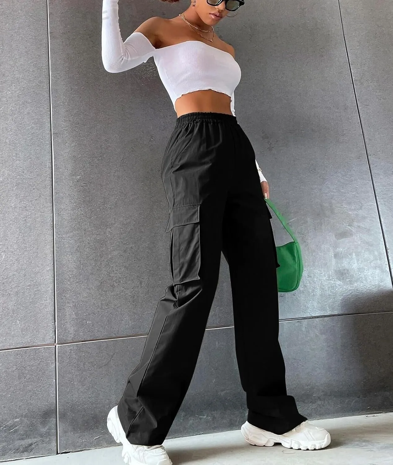 Women's Solid High Waist Flap Pocket Cargo Pants Combat Military Trousers