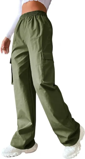 Women's Solid High Waist Flap Pocket Cargo Pants Combat Military Trousers