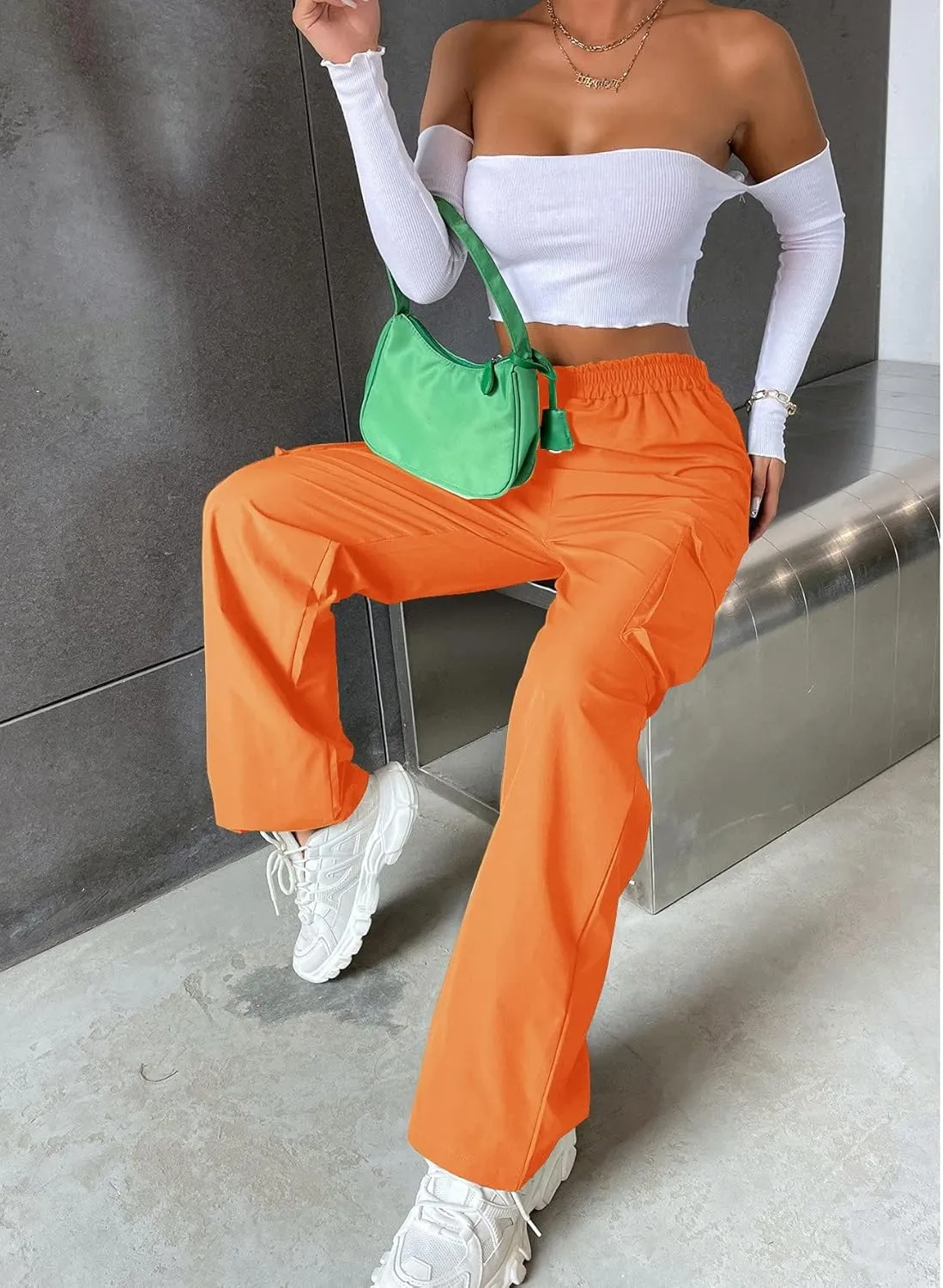 Women's Solid High Waist Flap Pocket Cargo Pants Combat Military Trousers