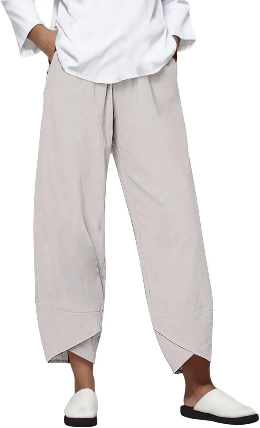 Women's Solid Striped Linen Capris Femal Casual Pants Lightweight Loose Trousers Womens Linen Capris and Cropped