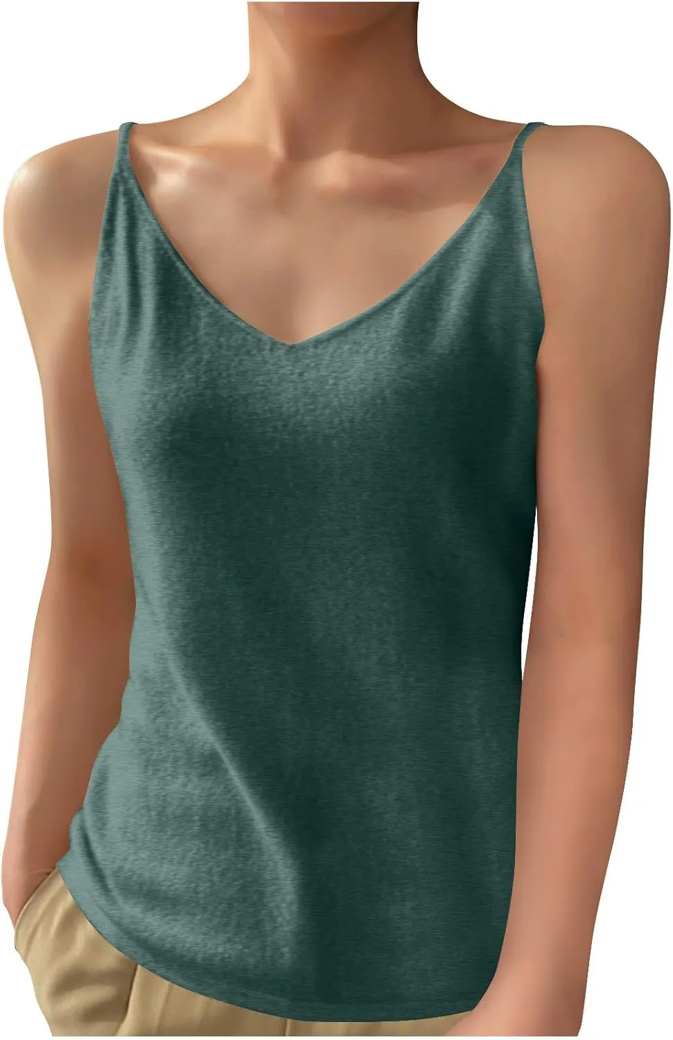 Womens Spaghetti Strap V-Neck Ribbed Knit Tank Tops Soft Camisole Casual Sleeveless Shirts Cami Top Basic Layering