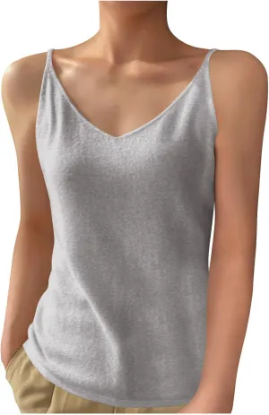 Womens Spaghetti Strap V-Neck Ribbed Knit Tank Tops Soft Camisole Casual Sleeveless Shirts Cami Top Basic Layering