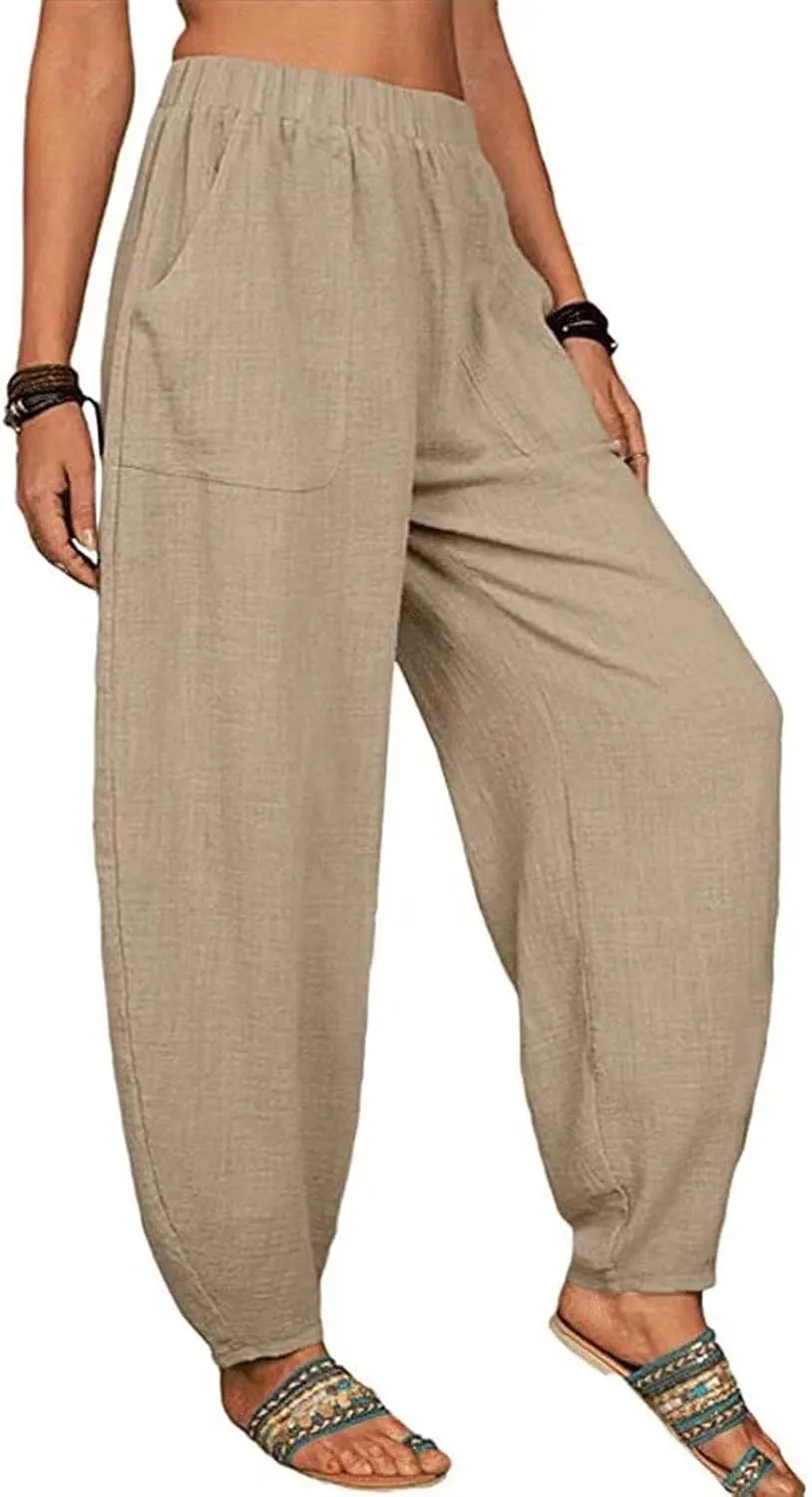 Womens Summer Boho Business Casual Smocked High Waisted Cargo Summer Long Elephant Pants with Pockets Fashion 2025