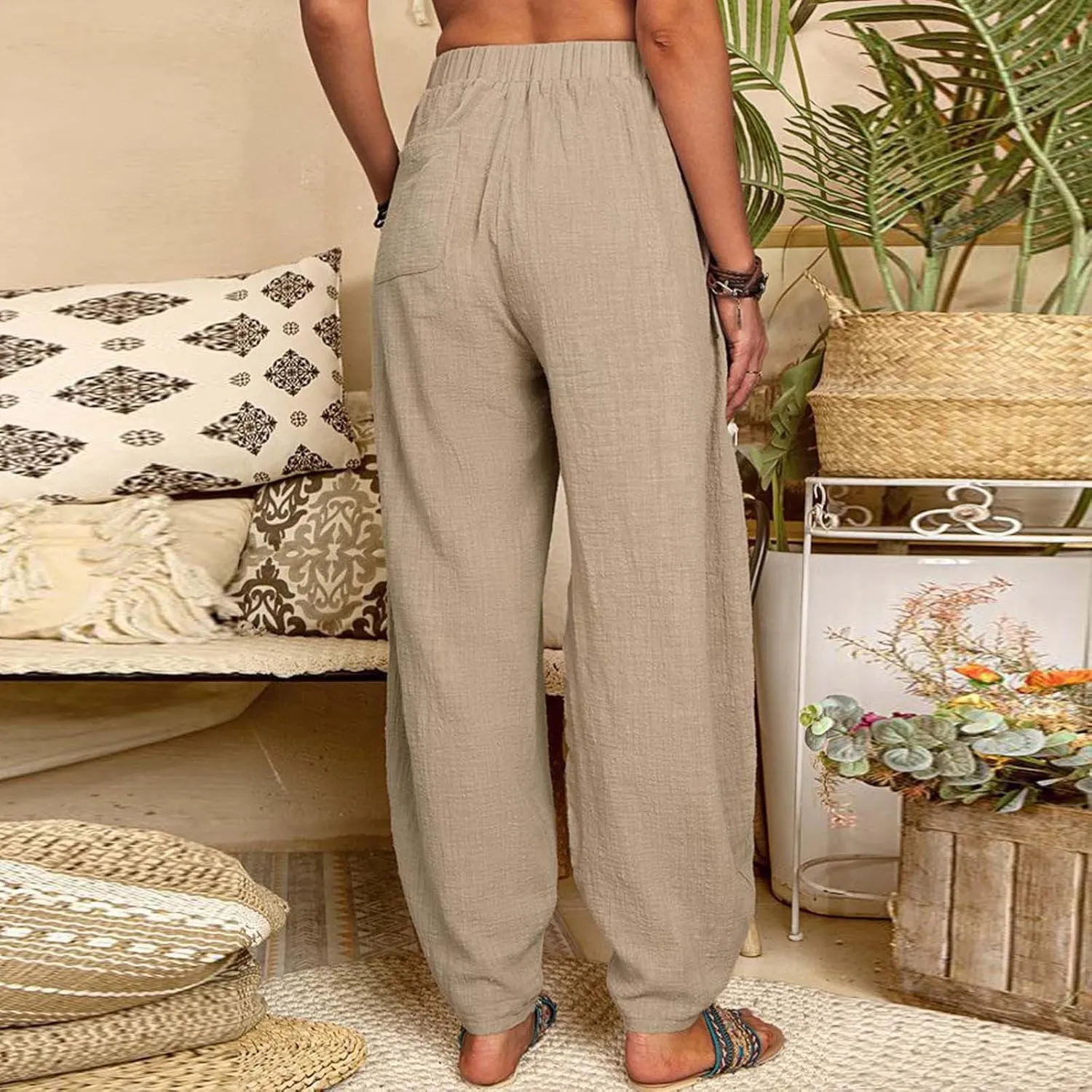 Womens Summer Boho Business Casual Smocked High Waisted Cargo Summer Long Elephant Pants with Pockets Fashion 2025