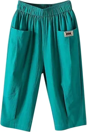 Women's Summer Capri Pants Elastic High Waist Drawstring Wide Leg Cotton Linen Work Pants with Pockets 2024