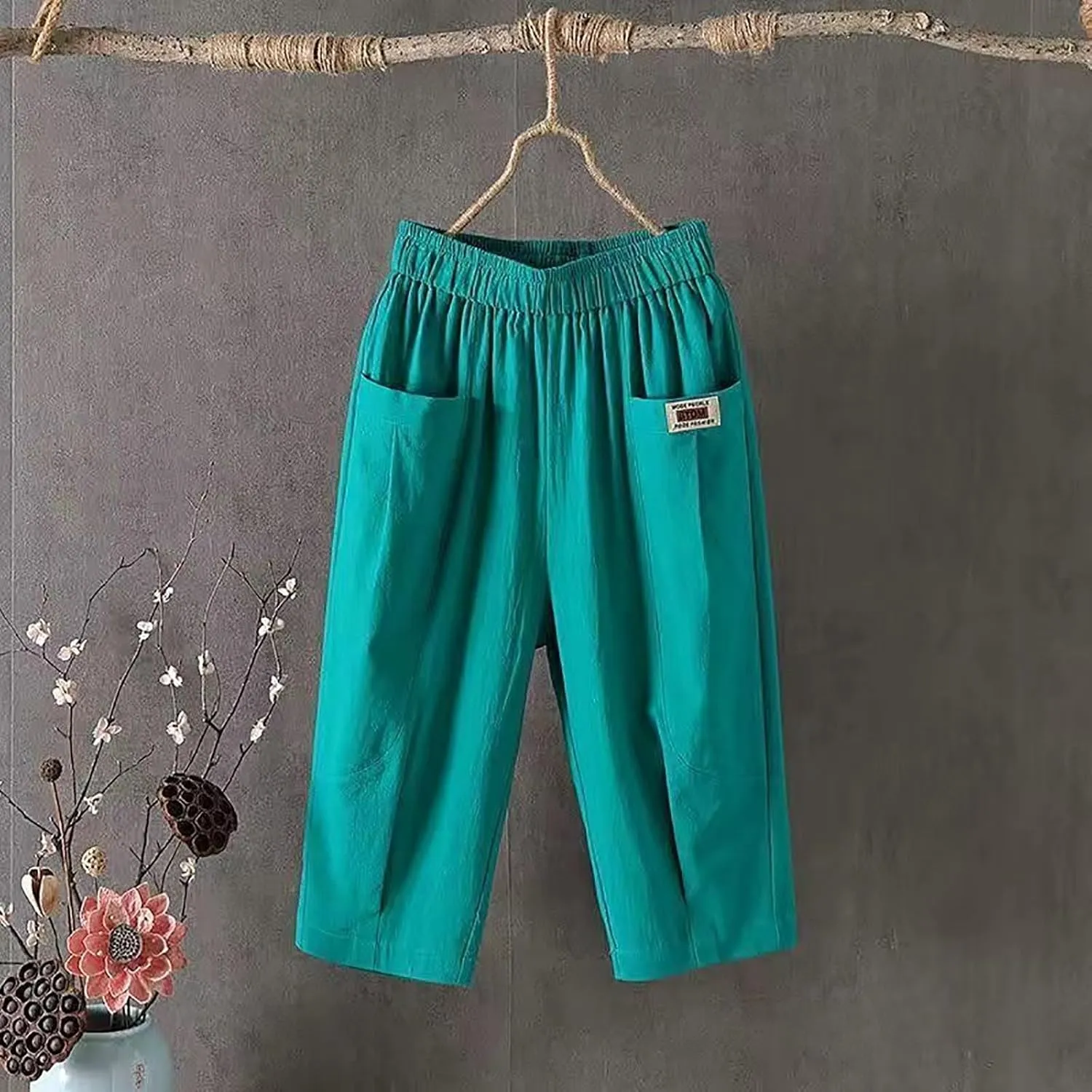 Women's Summer Capri Pants Elastic High Waist Drawstring Wide Leg Cotton Linen Work Pants with Pockets 2024