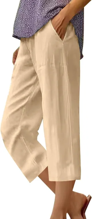 Womens Summer Capris Pants Cotton Linen Length Knee 2025 Straight Leg Loose Beach Shorts Trouser with Pocket