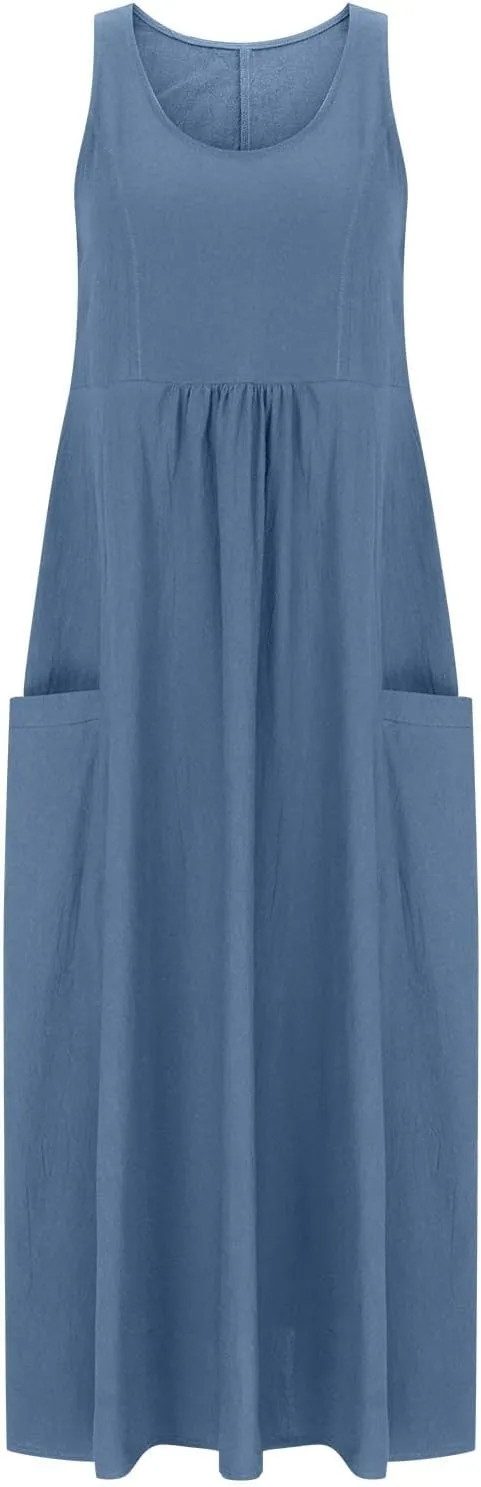 Womens Summer Casual Flowy Sleeveless Long Dress Loose Crew Neck Maxi Beach Dresses with Pockets Plus Size