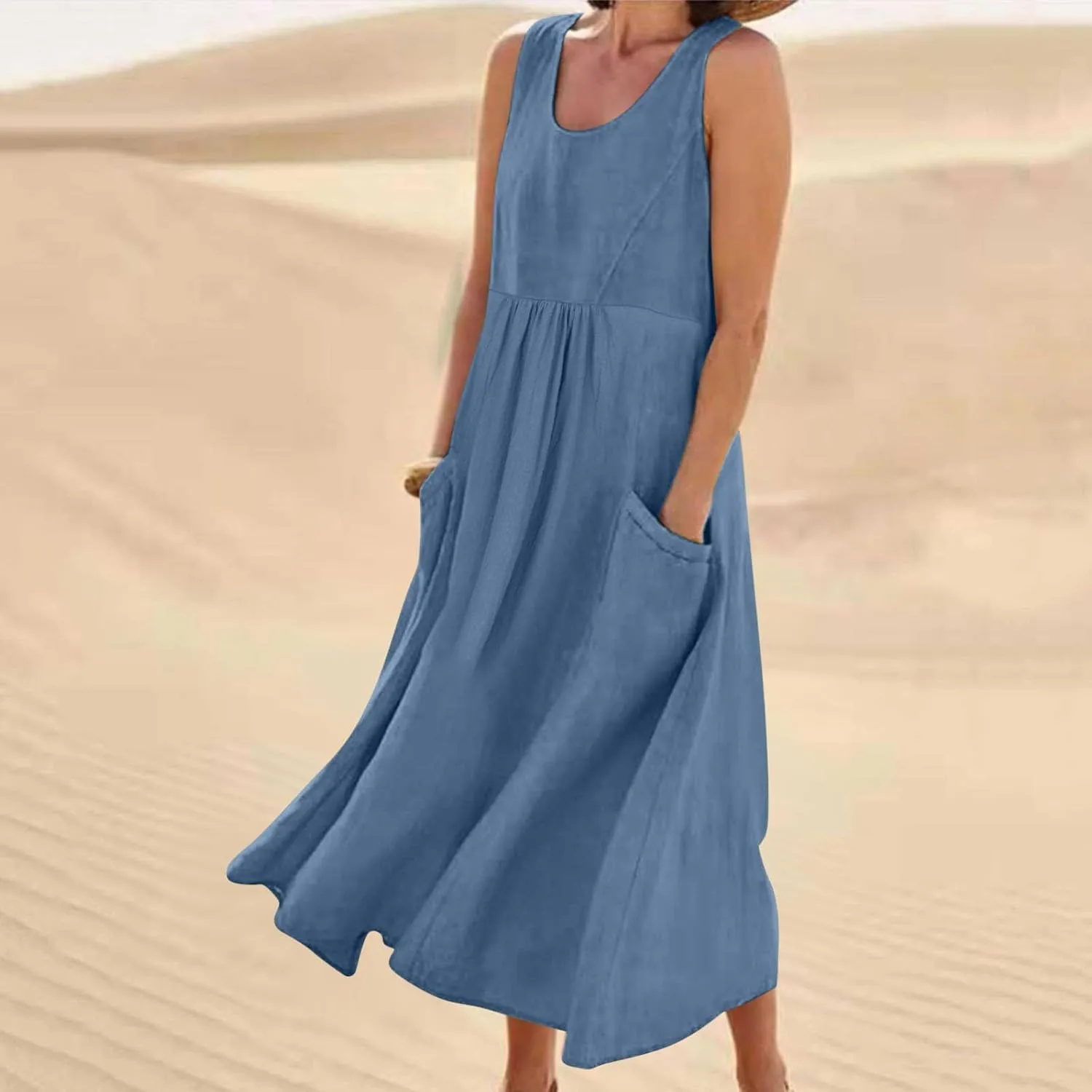 Womens Summer Casual Flowy Sleeveless Long Dress Loose Crew Neck Maxi Beach Dresses with Pockets Plus Size
