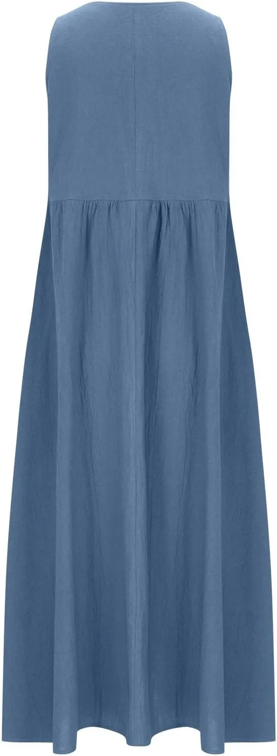Womens Summer Casual Flowy Sleeveless Long Dress Loose Crew Neck Maxi Beach Dresses with Pockets Plus Size