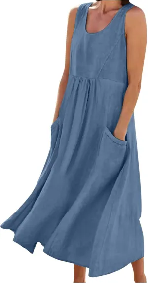 Womens Summer Casual Flowy Sleeveless Long Dress Loose Crew Neck Maxi Beach Dresses with Pockets Plus Size