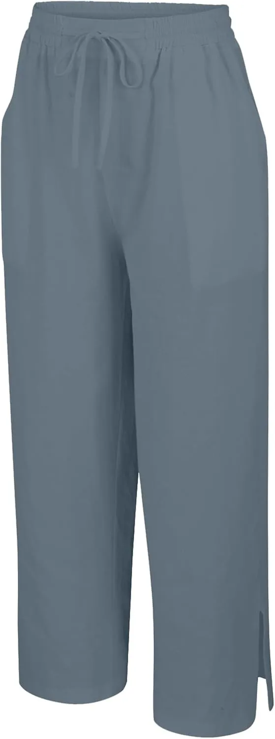 Womens Summer Cotton Linen Pants 2025 Trendy Side Slit Ankle Wide Leg Beach Trousers Elastic Waist Drawstring Slacks