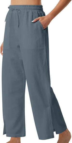 Womens Summer Cotton Linen Pants 2025 Trendy Side Slit Ankle Wide Leg Beach Trousers Elastic Waist Drawstring Slacks