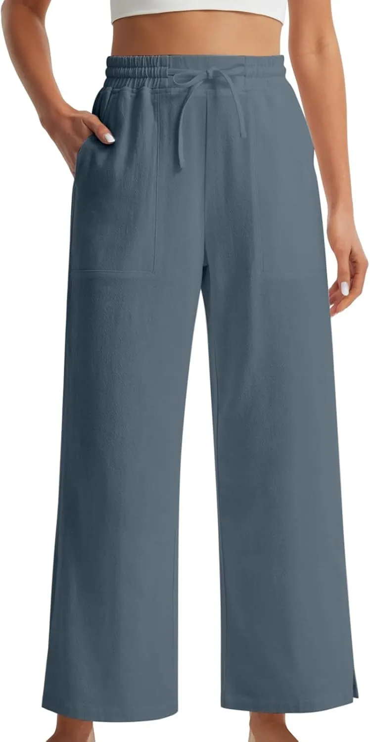 Womens Summer Cotton Linen Pants 2025 Trendy Side Slit Ankle Wide Leg Beach Trousers Elastic Waist Drawstring Slacks